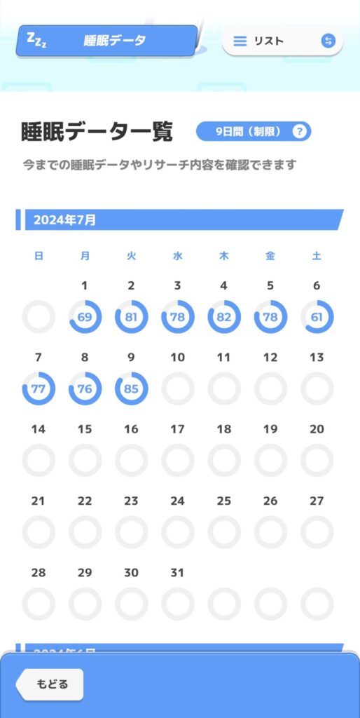 Pokémon Sleepの計測を9日継続できています